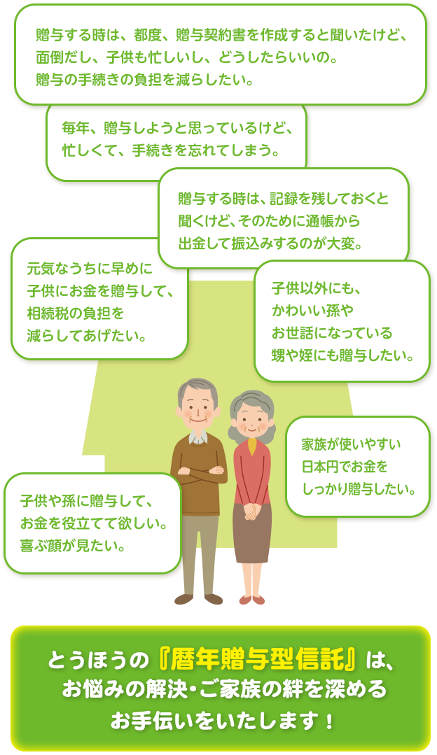 とうほうの「暦年贈与型信託」は、お悩みの解決・ご家族の絆を深めるお手伝いをいたします！